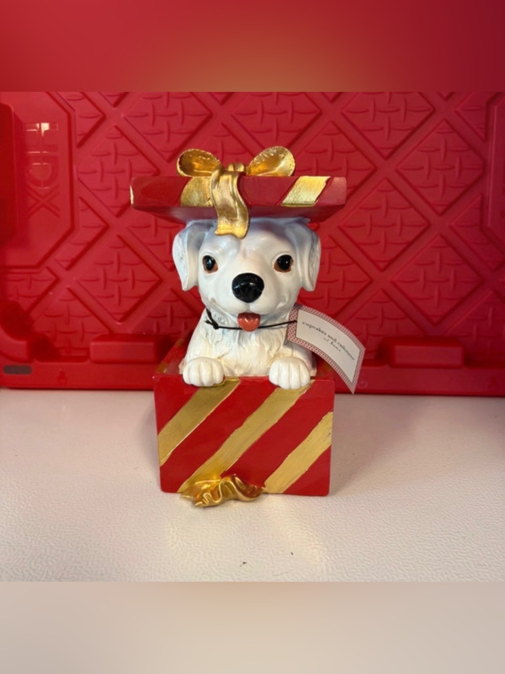 cupcakes & cashmere Red and Gold Puppy in Gift Box Figurine